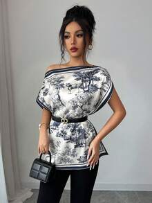 GlowEve Blus Wanita Modis dan Elegan dengan Motif Lukisan Tinta, Kerah Miring, Lengan Kelelawar, dan Longgar - MultiWarna - View 6