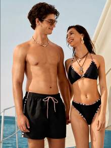 Manfinity VDAYZ Men's Drawstring Waist Pocket Casual Beach Shorts Suitable For Vacation, Beach, Pool, Outdoor Activities, Daily Wear Suit Set His And Hers Swimwear Beach Outfit For Men And Women Couple Swim Vcay Summer Outfits For Women Vacation National Flag Beach Outfit For Men National Flag Couple Matching Swimwear Matching Swimwear For Couples Couple Beach Holiday / Vacation / Beach / Hawaii / Tropical / Swim / Bathing - Black - View 5