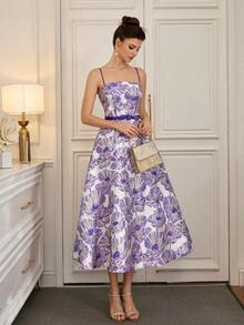 Poshira Đầm cocktail dây mảnh jacquard thanh lịch dành cho nữ - Màu Lilac Tím - Xem 4