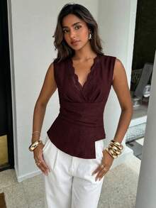 Aloruh New Minimalist Fashion Commuter Lace Patchwork Waist Ruched Asymmetric V-Neck Pullover Blouse - Burgundy - View 9
