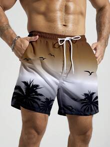 Manfinity KASUA Men's Ombre Graphic Print Slant Pocket Drawstring Waist Beach Shorts, Holiday - Coffee Brown - View 4