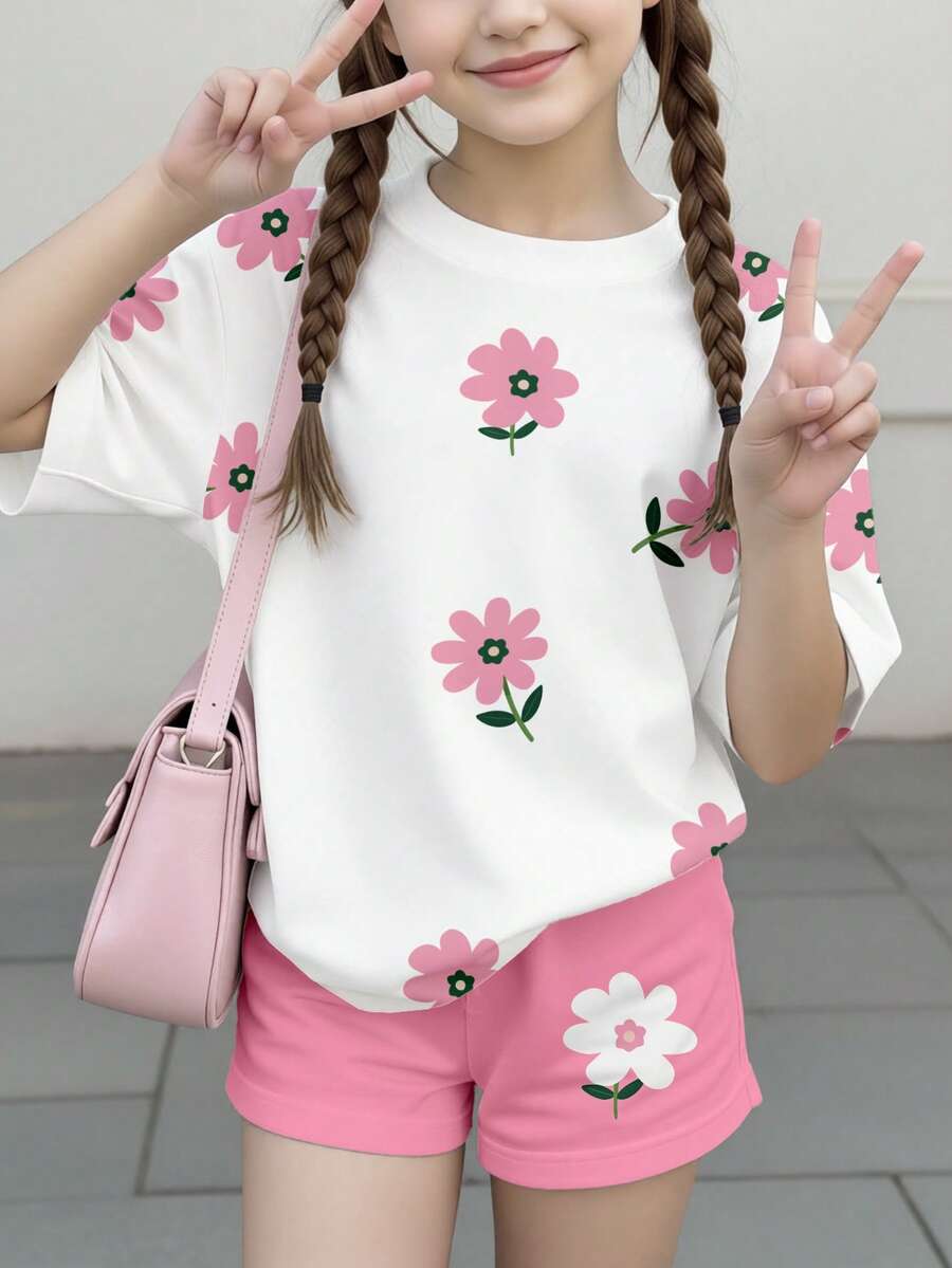 两件套印花女童短袖上衣和粉色短裤套装,适合春夏季节穿着。 - 粉色 - 查看 1
