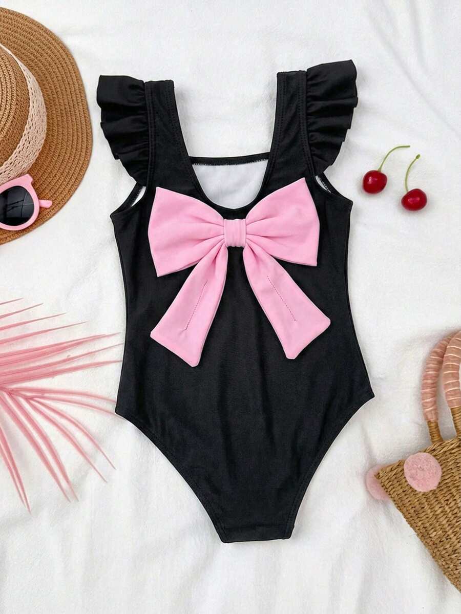 Emery Rose Kids Emery Rose Kids 女童條紋蝴蝶結花卉一件式泳衣,女孩泳衣一件式母女套裝泳衣黑色幼童女童泳衣蝴蝶結泳衣女孩蝴蝶結泳衣,兒童 - 黑色 - 查看 1