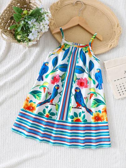 Girls (Small) Spring/Summer Casual Fashion New Dress, Woven Fabric Blue Tropical Rainforest Digital Print Sleeveless Spaghetti Strap Straight Dress, Soft Fabric, Suitable For Cute Young GirlCasual & Comfortable, Chic & Simple, Suitable For Daily School, Outing, Vacation, Party, Holiday Wear