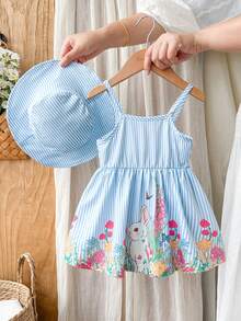 SHEIN Vintaside Kids 2pcs/Set Gaun Tanpa Lengan Model A-Line Motif Kelinci dan Bunga Garis-garis Biru Putih Lucu untuk Bayi Perempuan, Pakaian Liburan Musim Panas yang Segar untuk Pesta & Foto - Biru - View 6