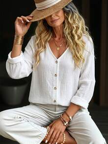 SHEIN Holidaya Women's Summer Casual 100% Cotton V-Neck Blouse, Beach Holiday Tops, Elegant Vacation Outfit, White Shirt, Commuter Wear - White - View 8