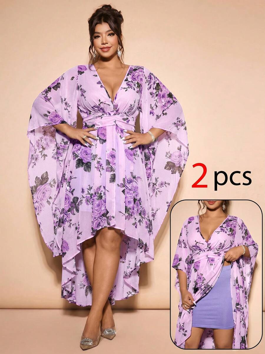 Cravure Damen Große Größen Fließendes Chiffon Top mit Blumenmuster, 3/4 Ärmel, halbtransparent, mit schwarzem figurbetontem Bodycon Minirock, echtes 2-teiliges Set - Violett - Übersicht 1