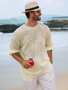 DAZY Men's Casual Round Neck Long Sleeve Mesh T-Shirt - White - View 6