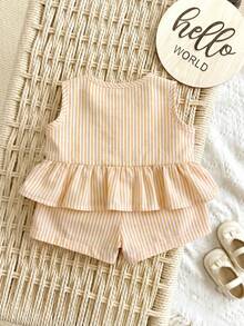 Conjunto de regata e shorts para recém-nascida, estilo casual e fofo, com listras rosa e brancas e laço decorativo. - Multicolorido - Ver 2