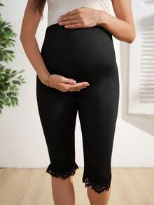 SHEIN Maternity Black Summer Casual Formal Going Home From Hospital Photoshoot Minimalist Solid Color Adjustable Waist Contrast Lace Skinny Cropped Leggings - Black - View 3