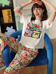 Chillnights SpongeBob SquarePants | SHEIN 女士短袖针织圆领睡衣套装，配宽松裤子 - 彩色 - 查看 4