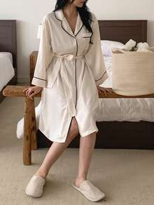 DAZY Elegant Contrast Color Trim Decor Loose Mid-Length Women Robe Pajamas - White - View 9