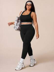 Rhythm Era 2 Stücke Damen Große Größen nahtloser mittlerer Halt Konvertibel Kragen Rückenausschnitt Kontrasttaille Sport-BH und 3/4 Leggings Trainingsset - Schwarz und Weiss - Übersicht 3
