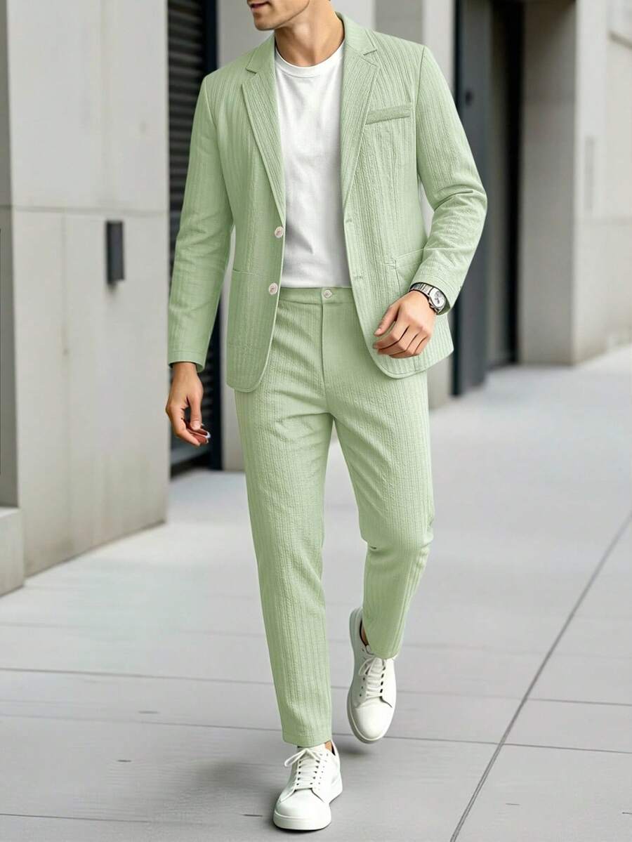 Manfinity Mode Men's Sage Green 2 Pieces Textured Suit,Summer Smart Casual Blazer And Pants Set,Lapel Neck Outfit For Wedding,Spring Vintage Old Money Ceremony - Army Green - View 1