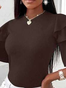 EMERY ROSE Women's Solid Color Round Neck Ruffle Sleeve Casual T-Shirt - Coffee Brown - View 5