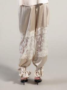 Rouah Pantalones anchos y sueltos de mujer con contraste de encaje de satén, con cordón en el tobillo, ligeros y perfectos para vacaciones de verano - Albaricoque - Ver 2