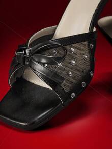 SHUZIA Women's Fashion Comfortable Bow Tie Mesh Kitten Heel Sandals - Black - View 7