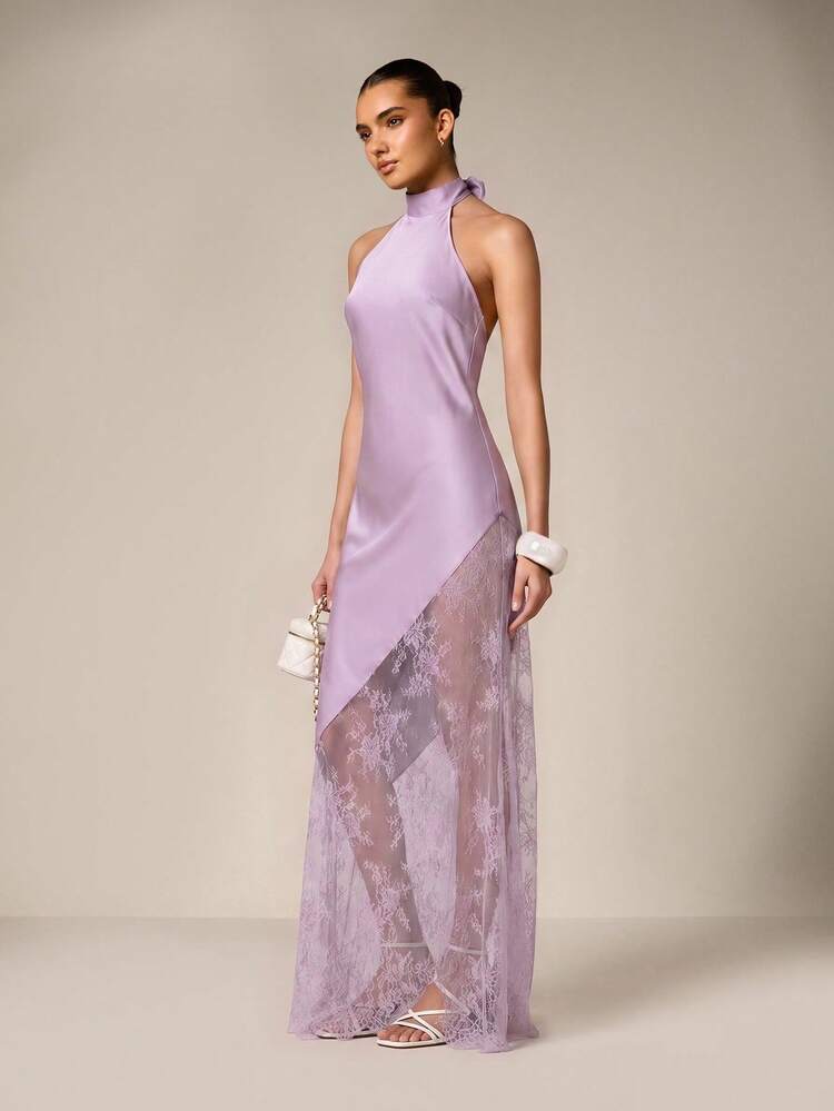 Satin Halter Maxi Dress With Lace Panel