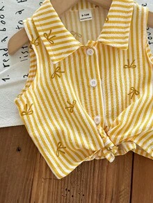 SHEIN LMoss Kids 女婴夏季碎花印花休闲梭织衬衫 - 芥末黃 - 查看 4