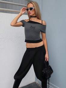 Brooke Lily Damen Lässig Retro Schwarze Katze Spähen Muster Kontrast Farbe Kurzarm T-Shirt, geeignet für den Sommer - Verschiedenfarbig - Übersicht 6