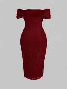 SHEIN MOD Plus Size Women's Off Shoulder Ruffle Lace Elegant Waist Cinching Cocktail Party Dress - Burgundy - View 3