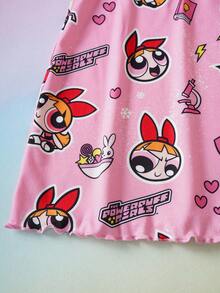 THE POWERPUFF GIRLS X SHEIN 女士可爱卡通印花系带吊带睡裙，夏季 - 粉色 - 查看 5