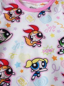 THE POWERPUFF GIRLS X SHEIN Bộ áo liền quần tay ngắn in hình hoạt hình cho bé gái, thích hợp mặc mùa hè. - trắng - Xem 3