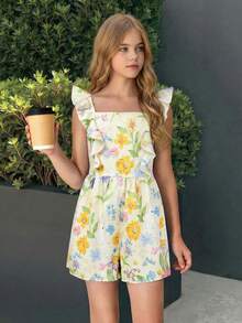 SHEIN Bộ áo liền quần dáng rộng kẻ sọc cổ vuông tay ngắn cho bé gái tuổi teen, thích hợp cho kỳ nghỉ. - Nhiều màu - Xem 3