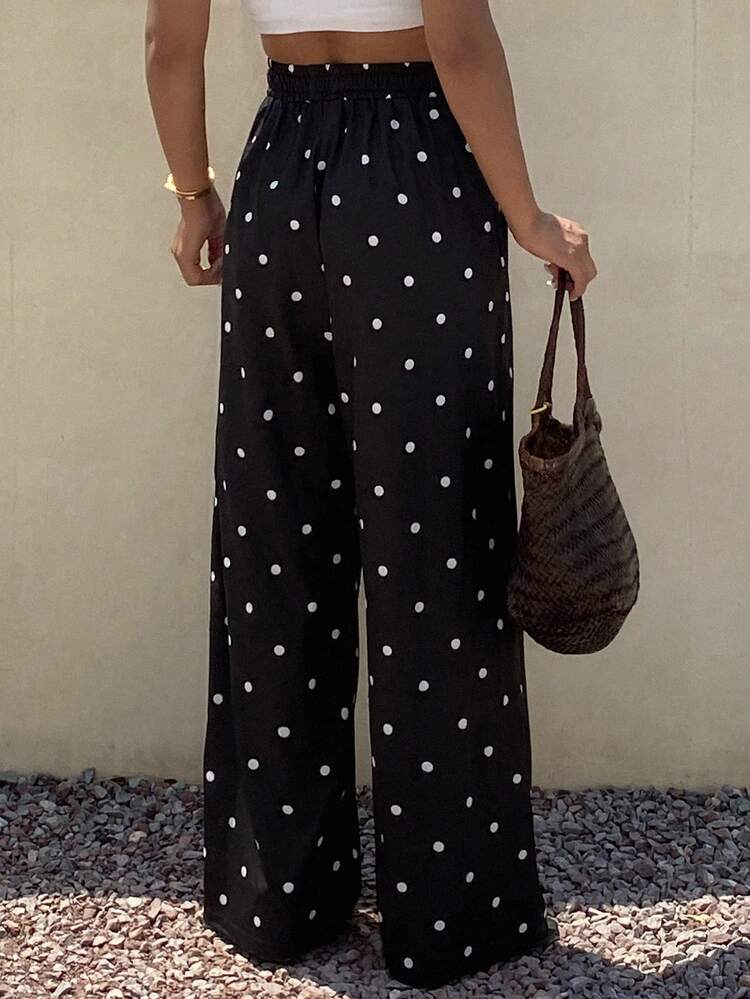 Women's Polka Dot Print Tie Knot Pocket Casual Pants
