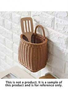 1 pieza Cesta de pared colgante tejida a mano de ratán para almacenar cucharas, palillos, flores y diversos artículos, cesta de almacenamiento portátil montada en la pared para decoración del hogar - Marrón Mocha - Ver 6