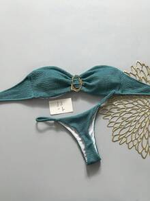 Swim Chiccia 春假女士沙滩装夏季套装，女士纯色提花面料无肩带金属装饰性感比基尼套装 - 青碧色 - 查看 6