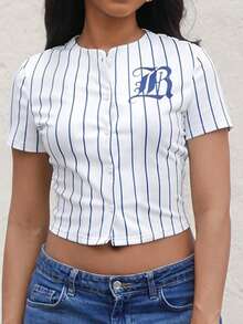 Yess Loren Women Casual Striped Letter Print Button Down Short Sleeve Shirt, Streetwear Style - White - View 5