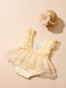 SHEIN 新生兒花卉刺繡連身衣附髮帶，攝影造型服裝與道具，秋季款 - 彩色 - 查看 3