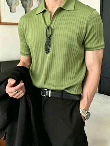 Calvornis Men's Solid Color Ribbed Formal Polo Shirt, Ceremony - Green - View 3