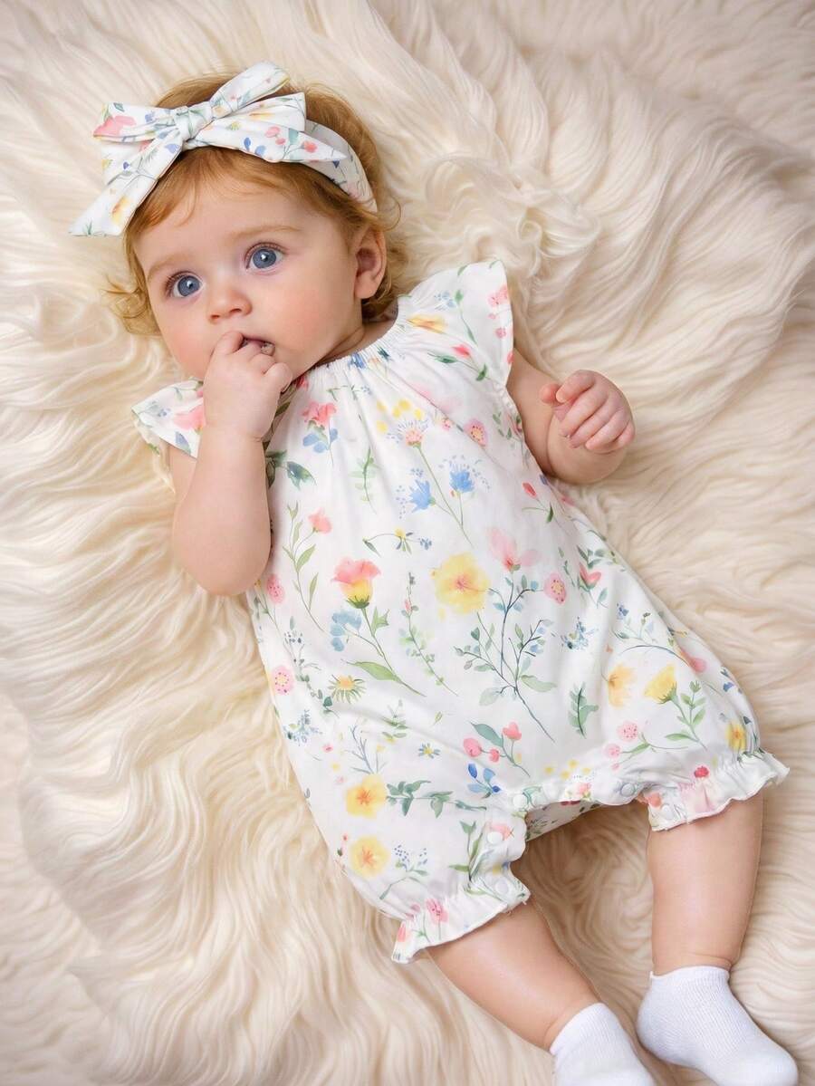 SHEIN Newborn Baby Floral Print Ruffle Casual Everyday Romper - Pink - View 1