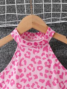 Young Girl Light Pink Knitted Halter Top & Flared Pants Set,Kids Leopard Print Stretchy Fabric Outfit,Summer Musical Festival Fashionable Comfy Set - Pink - View 3