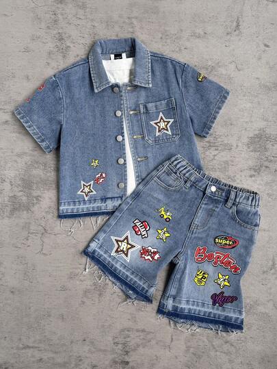 2pcs/Set Young Boy Y2k Distressed Urban Street Style Letter Graphic Light Blue Denim Loose Short Sleeve Shirt And Shorts Set,For Kids Boys Spring/Summer Dailywear Outfits,Boys Streetwear Outfits,Vacation Outfits For Boys,Birthday Outfits For Boys,Casual Clothes For Boys,Graphic Two-Piece Set,Toddler Two-Piece Set,4-Year-Old Boys Two-Piece Set ,Summer Two-Piece Set,Casual Two-Piece Set
