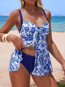 Swim Lushoire Conjunto de traje de baño de 2 piezas para mujer con estampado aleatorio de flores y plantas, camiseta sin mangas con abertura frontal y bikini triangular - Azul - Ver 5