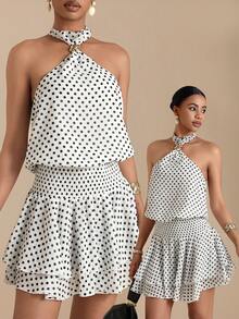 SHEIN Veneréa Romantic Tropical Vacation Metal Buckle Decor White With Black Polka Dots Print Halter Sleeveless Ruffled Hem Patchwork Flowy Dress For Women Summer - Black and White - View 7