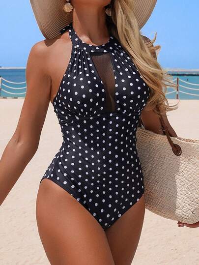 Swim Lushoire Maillot de bain une pièce pour femmes, imprimé de pois aléatoires, col rond, décolleté devant creux, style minimaliste, pour l'été