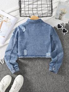 SHEIN 少女做旧牛仔夹克外套，复古水洗白色短款牛仔夹克，面料柔软舒适，时尚街头风，女童牛仔外套 - 中等水洗藍 - 查看 3