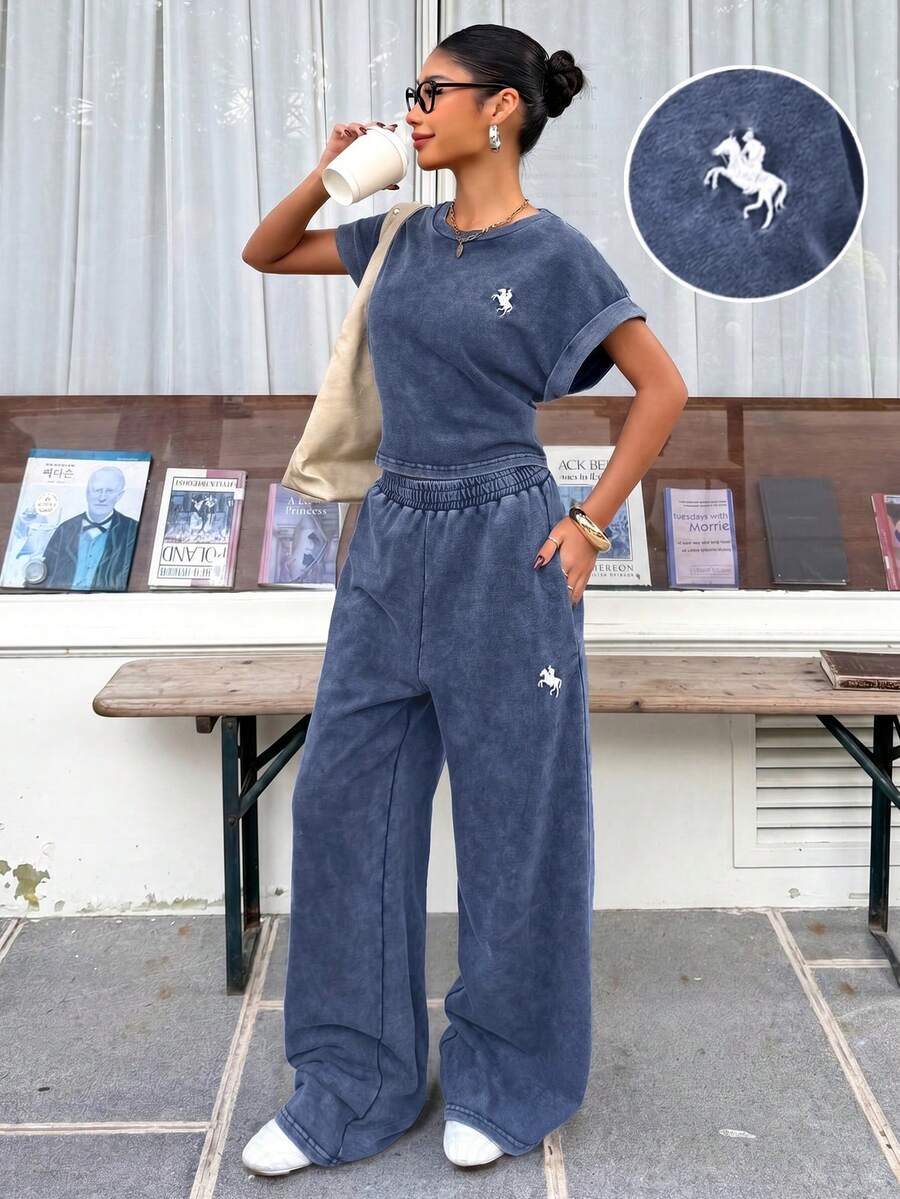 Muchica 女士复古水洗马刺绣装饰休闲宽松T恤和阔腿裤套装,适合外出、街头穿搭、Y2K风格,蓝色 - 藍色 - 查看 1