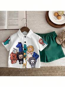SHEIN Set de 2 piezas de camisa de manga corta con estampado de letras y pantalones cortos de cintura elástica, estilo casual y chic para niño/niña, adecuado para primavera/verano, apto para juegos al aire libre - Multicolor - Ver 5