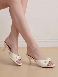 Eladyva Women Bow Decor Mule Heeled Sandals, Elegant Outdoor Heeled Sandals Valentines,Kitten Heels,Spring Summer Outfits - White - View 4