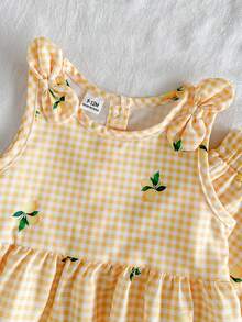 SHEIN Vintaside Kids 女婴春夏休闲乡村度假可爱甜美数码印花无袖吊带背心搭配百搭长裤套装，适合露营度假或日常休闲穿着 - 黃色 - 查看 9