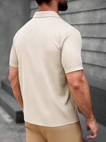Manfinity Mode Men's Solid Beige Summer Short Sleeve Shirt,Smart Casual Office Wear,Old Money Style,Relaxed Fit For Vacation,Wedding,Daily Leisure & Weekend Trips - Khaki - View 2