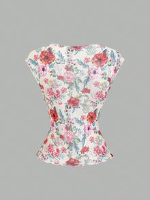 Sweetra Women's Spring/Summer Floral Print Elegant Retro V-Neck Floral Blouse, Cinched Waist Slimming Graceful Short Sleeve Top, Beach Casual Holiday Style - Apricot - View 2