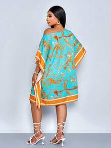 SOLERSUN Plus Size Women's Gold Summer Boho Elegant Tea Party Al-Adha Mid Length Dress,Off Shoulder Square Scarf Retro Forest Animal Positioning Printing - Green - View 2