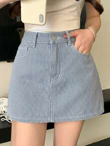 DAZY Chân váy denim ngắn dáng suông kẻ sọc kiểu dáng thường ngày dành cho nữ, thích hợp cho mùa hè. - Rửa nhẹ - Xem 4