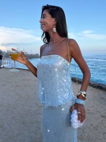 Opulessa Beaded Strapless Dress For Women - Baby Blue - View 6